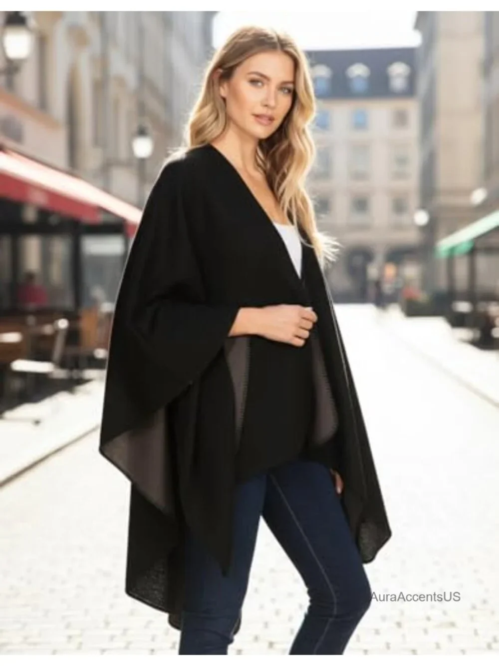 Reversible Open Front Poncho Cape Oversized Cardigan Shawl Wrap